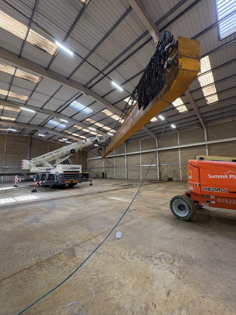 Twin beam crane fitted with a Demag crab unit and twin beam crane fitted with a SWF crab unit
